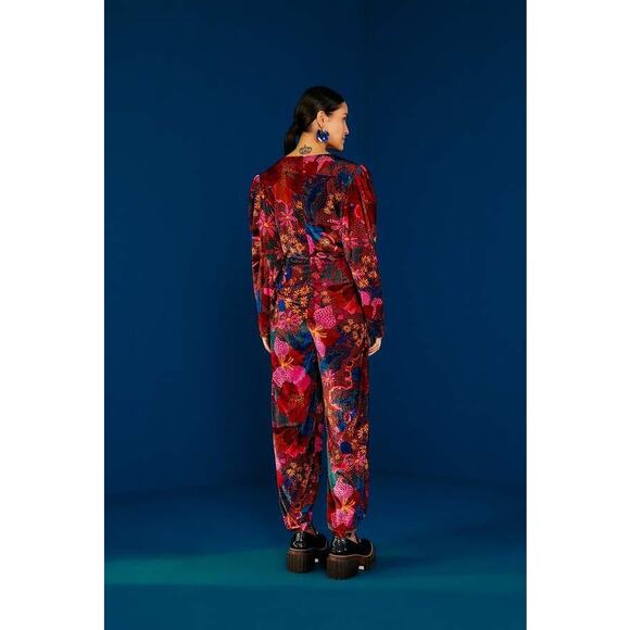 Farm rio snake garden red velour floral bright jumpsuit long sleeve winter S - Picture 6 of 14